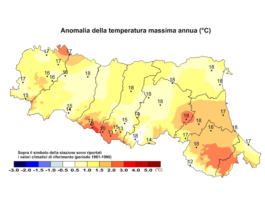 Distribuzione territoriale dell'anomalia della media della temperatura massima (°C) dell’anno 2013, rispetto al clima 1961-1990