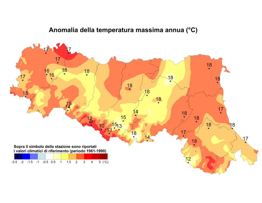 Distribuzione territoriale dell'anomalia della media della temperatura massima (°C) dell’anno 2014, rispetto al clima 1961-1990