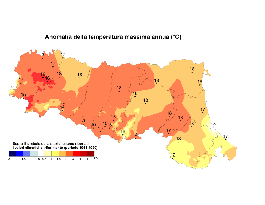 Distribuzione territoriale dell'anomalia della media della temperatura massima (°C) dell’anno 2015, rispetto al clima 1961-1990