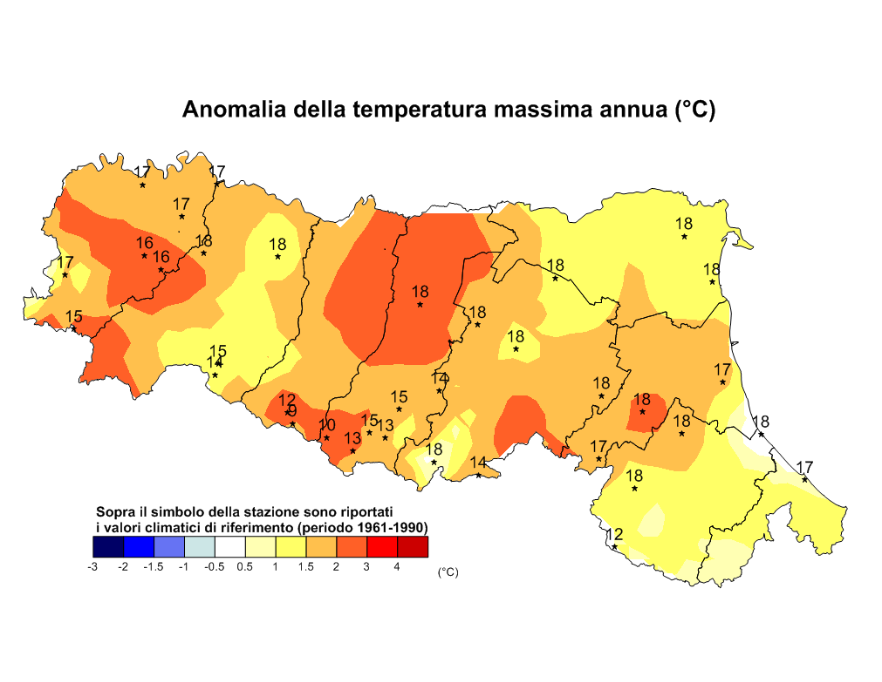 Distribuzione territoriale dell'anomalia della media della temperatura massima (°C) dell’anno 2016, rispetto al clima 1961-1990