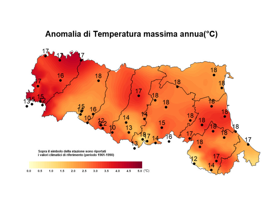 Distribuzione territoriale dell'anomalia della media della temperatura massima (°C) dell’anno 2017, rispetto al clima 1961-1990
