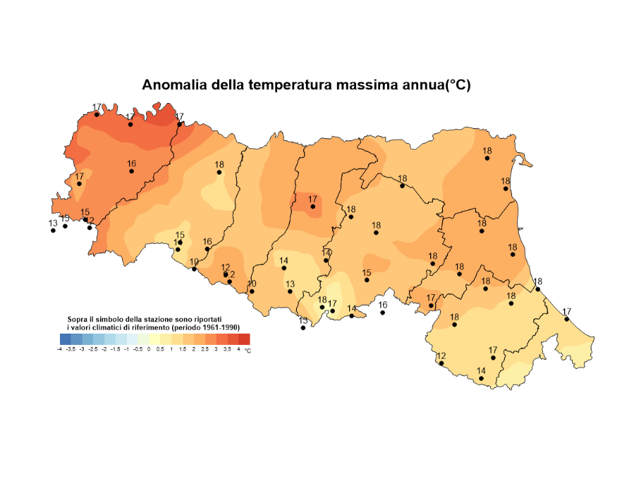 Distribuzione territoriale dell'anomalia della media della temperatura massima (°C) dell’anno 2018, rispetto al clima 1961-1990