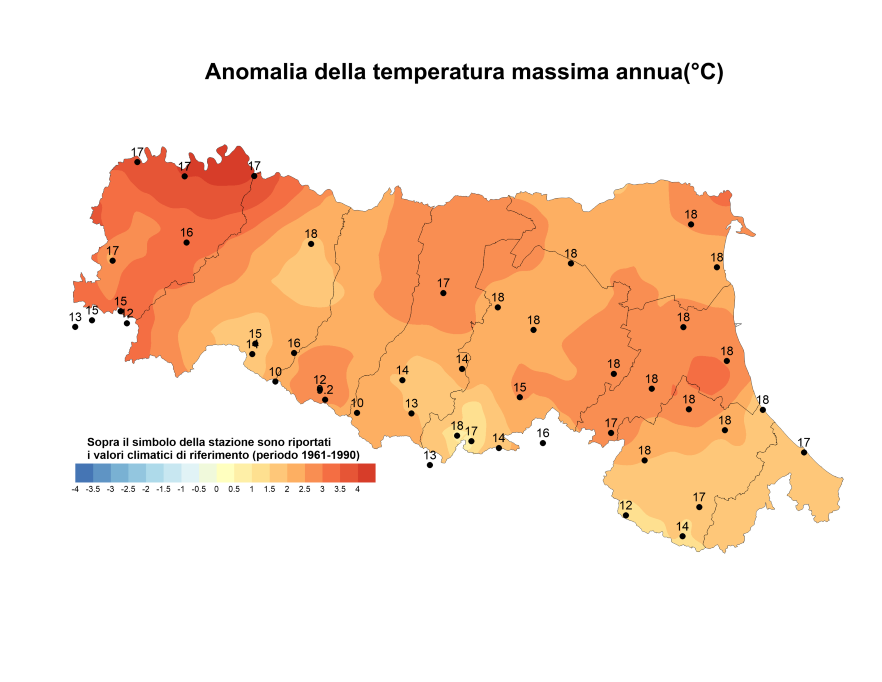 Distribuzione territoriale dell'anomalia della media della temperatura massima (°C) dell’anno 2019, rispetto al clima 1961-1990