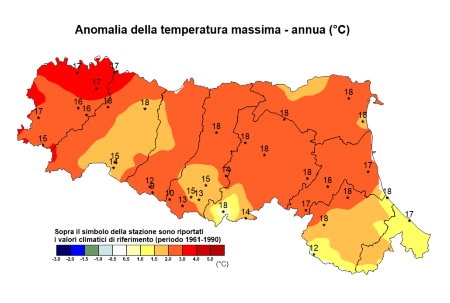 Figura 2: Distribuzione territoriale dell'anomalia della temperatura massima, valori annuali (2020)