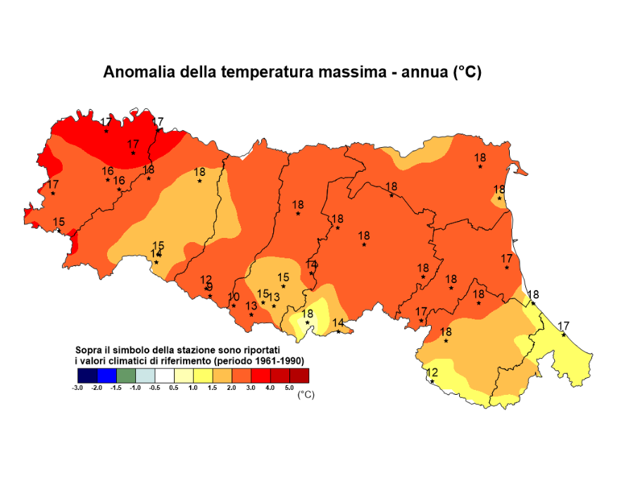 Distribuzione territoriale dell'anomalia della media della temperatura massima (°C) dell’anno 2020, rispetto al clima 1961-1990
