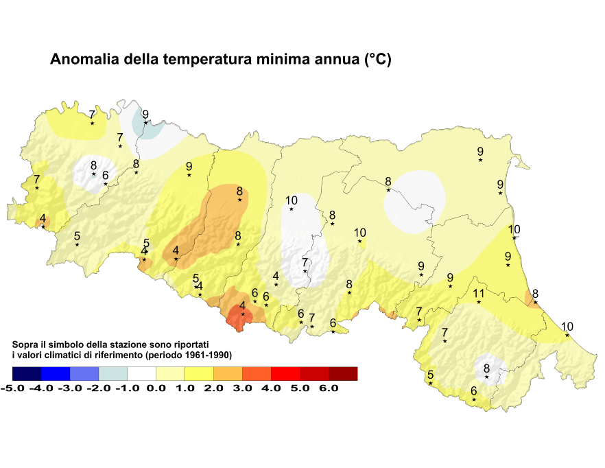 Distribuzione territoriale dell'anomalia della media della temperatura minima (°C) dell’anno 2012, rispetto al clima 1961-1990