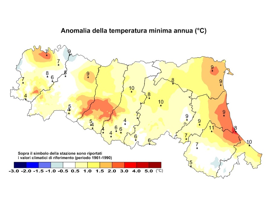 Distribuzione territoriale dell'anomalia della media della temperatura minima (°C) dell’anno 2013, rispetto al clima 1961-1990