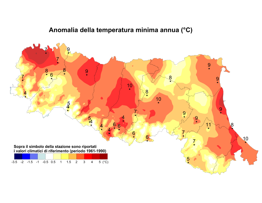 Distribuzione territoriale dell'anomalia della media della temperatura minima (°C) dell’anno 2014, rispetto al clima 1961-1990
