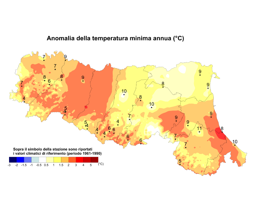 Distribuzione territoriale dell'anomalia della media della temperatura minima (°C) dell’anno 2015, rispetto al clima 1961-1990