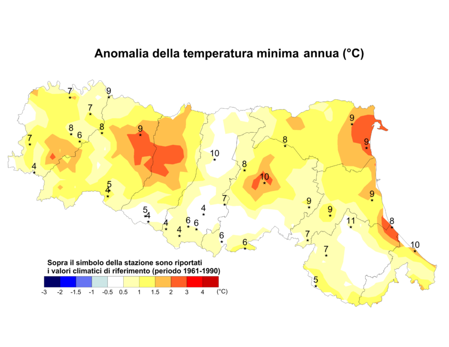 Distribuzione territoriale dell'anomalia della media della temperatura minima (°C) dell’anno 2016, rispetto al clima 1961-1990