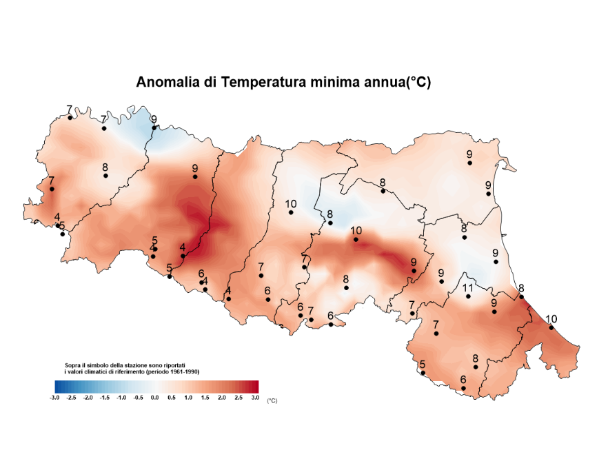 Distribuzione territoriale dell'anomalia della media della temperatura minima (°C) dell’anno 2017, rispetto al clima 1961-1990