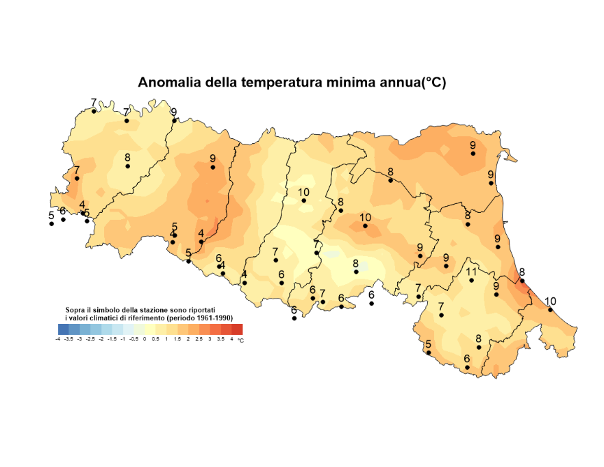Distribuzione territoriale dell'anomalia della media della temperatura minima (°C) dell’anno 2018, rispetto al clima 1961-1990
