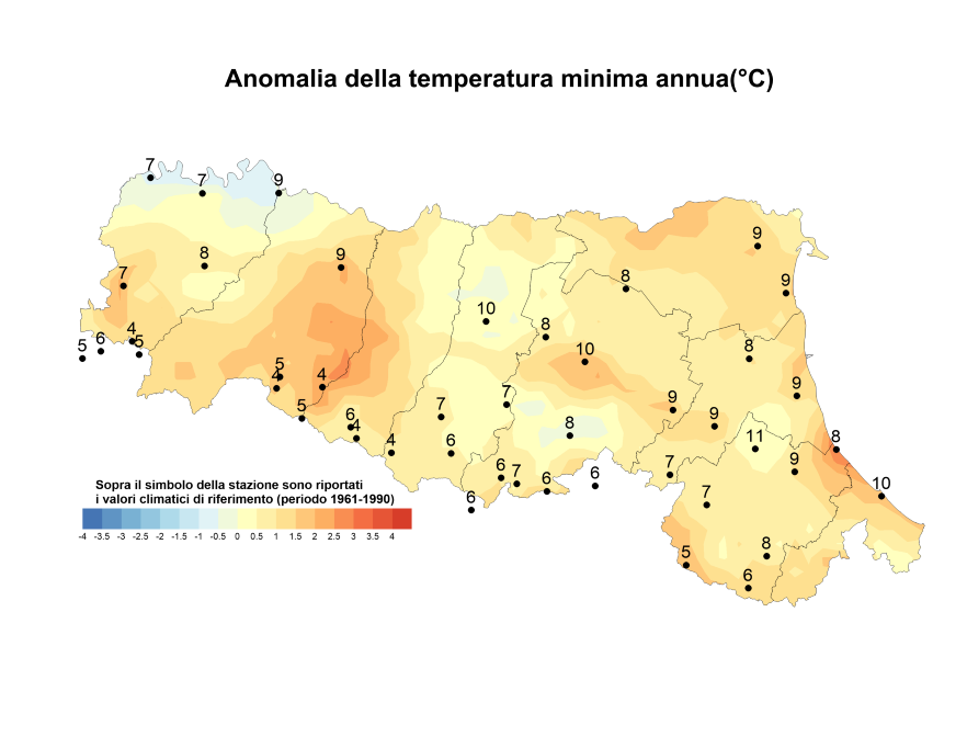 Distribuzione territoriale dell'anomalia della media della temperatura minima (°C) dell’anno 2019, rispetto al clima 1961-1990
