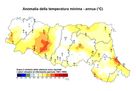 Figura 1: Distribuzione territoriale dell'anomalia della temperatura minima, valori annuali (2020)