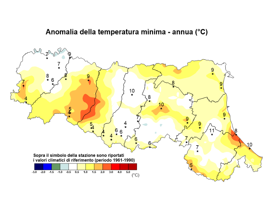 Distribuzione territoriale dell'anomalia della media della temperatura minima (°C) dell’anno 2020, rispetto al clima 1961-1990