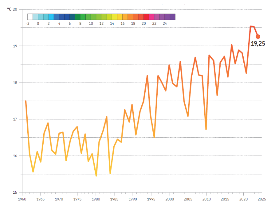 Andamento della temperatura massima annuale, mediata sull'intero territorio regionale, nel periodo 1961-2024