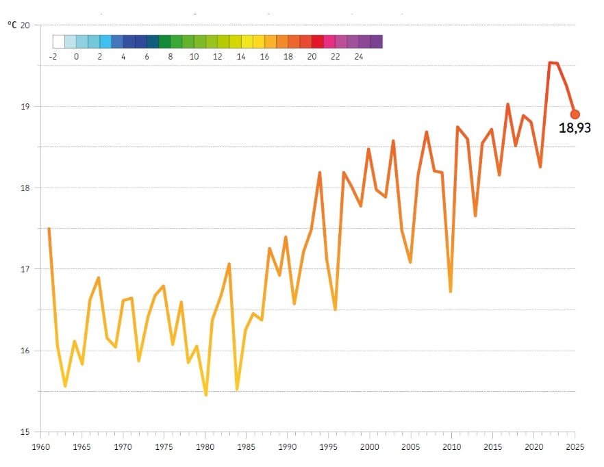 Andamento della temperatura massima annuale, mediata sull'intero territorio regionale, nel periodo 1961-2025