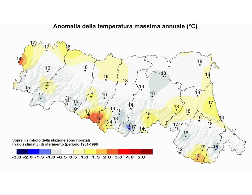 Distribuzione territoriale dell'anomalia della media della temperatura massima (°C) dell’anno 2010, rispetto al clima 1961-1990