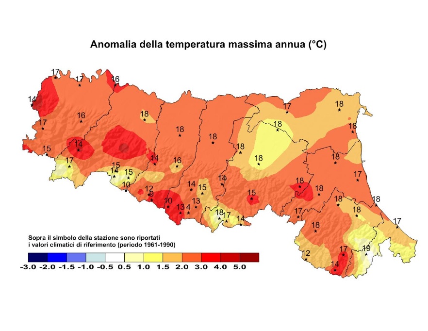 Distribuzione territoriale dell'anomalia della media della temperatura massima (°C) dell’anno 2011, rispetto al clima 1961-1990