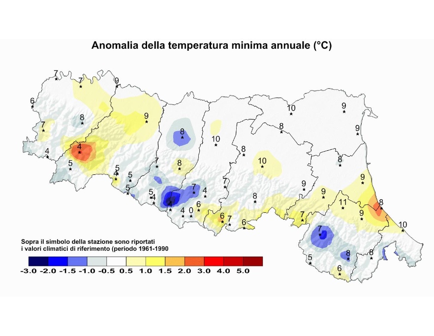 Distribuzione territoriale dell'anomalia della media della temperatura minima (°C) dell’anno 2010, rispetto al clima 1961-1990