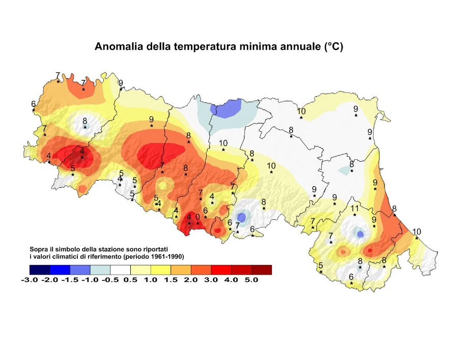 Distribuzione territoriale dell'anomalia della media della temperatura minima (°C) dell’anno 2011, rispetto al clima 1961-1990