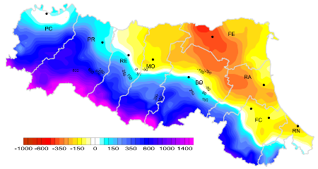 Figura 2: Bilancio Idro-Climatico (mm), distribuzione territoriale dei valori annui (2023) 