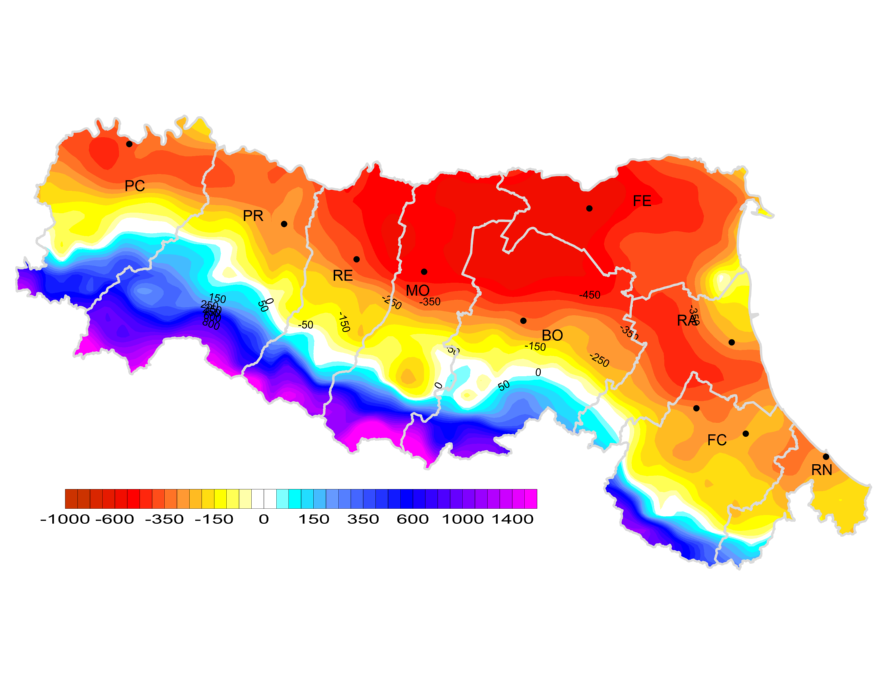 Bilancio idroclimatico (mm), distribuzione territoriale dei valori annui (2025) 