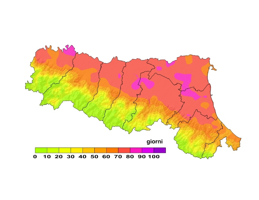 Indice di Thom, distribuzione territoriale del numero di giorni superiori alla soglia 24 (2008)