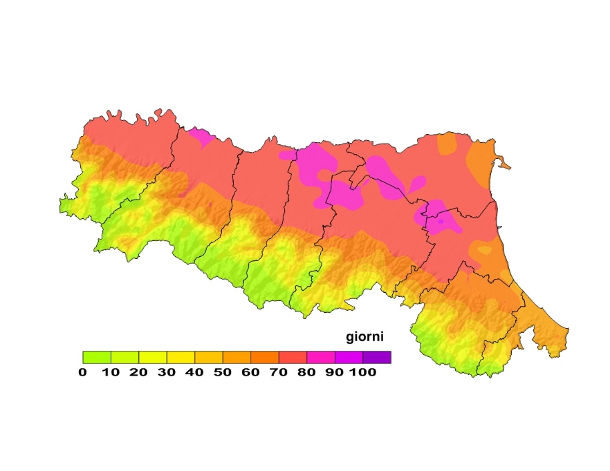 Indice di Thom, distribuzione territoriale del numero di giorni superiori alla soglia 24 24 (2009)