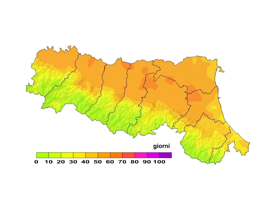 Indice di Thom, distribuzione territoriale del numero di giorni superiori alla soglia 24 (2010)