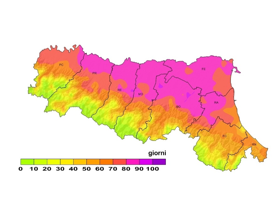 Indice di Thom, distribuzione territoriale del numero di giorni superiori alla soglia 24 (2012)