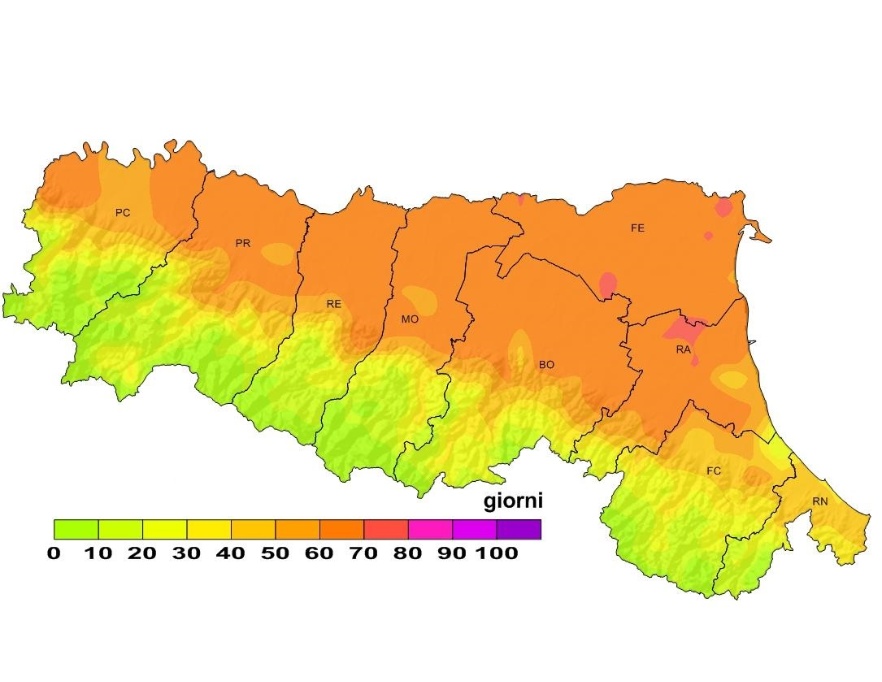 Indice di Thom, distribuzione territoriale del numero di giorni superiori alla soglia 24 (2013)