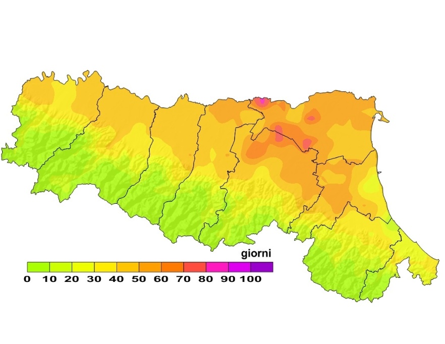 Indice di Thom, distribuzione territoriale del numero di giorni superiori alla soglia 24 (2014)