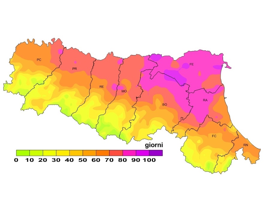 Indice di Thom, distribuzione territoriale del numero di giorni superiori alla soglia 24 (2015)