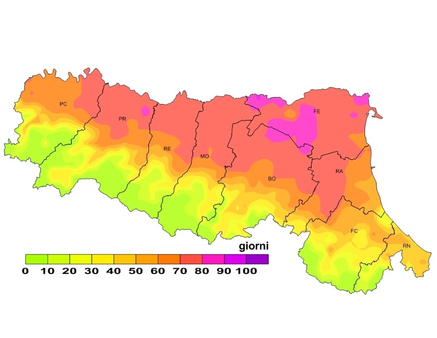 Indice di Thom, distribuzione territoriale del numero di giorni superiori alla soglia 24 (2016)