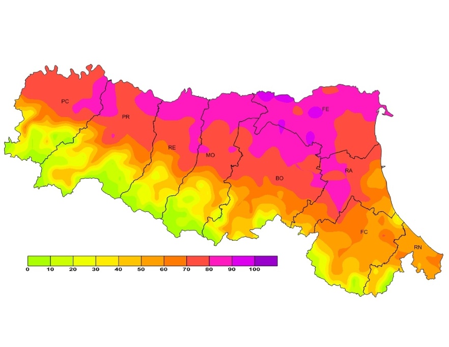 Indice di Thom, distribuzione territoriale del numero di giorni superiori alla soglia 24 (2017)