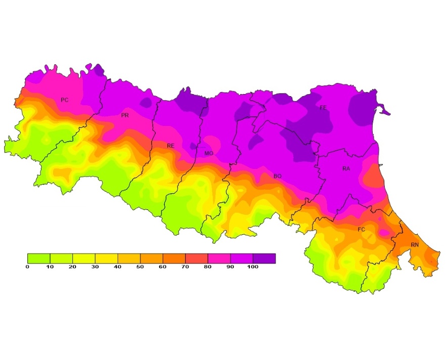 Indice di Thom, distribuzione territoriale del numero di giorni superiori alla soglia 24 (2018)