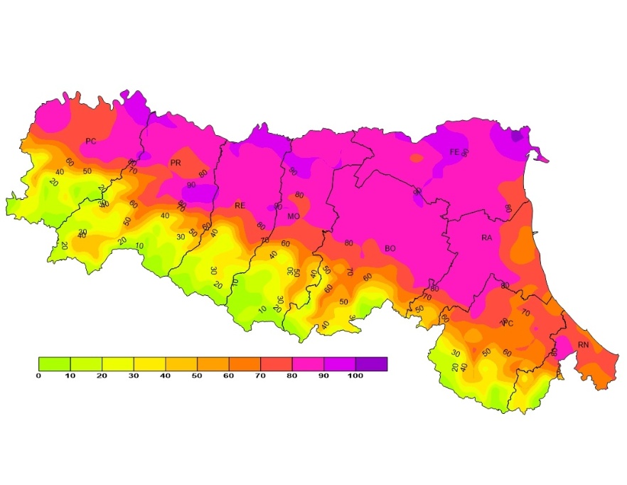 Indice di Thom, distribuzione territoriale del numero di giorni superiori alla soglia 24 (2019)
