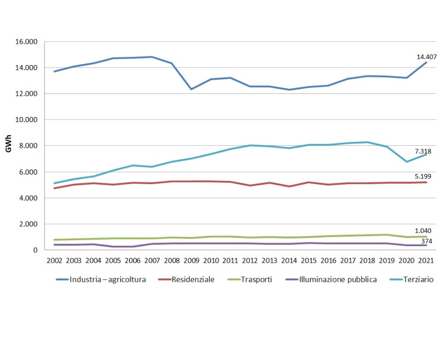 Andamento temporale regionale del consumo finale lordo di energia elettrica, per settore economico (2002-2021)