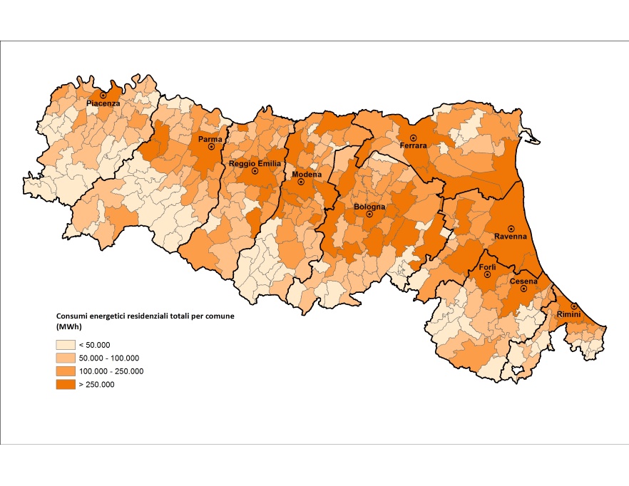 Mappa della distribuzione territoriale del consumo finale di energia del settore residenziale, per comune (2016)