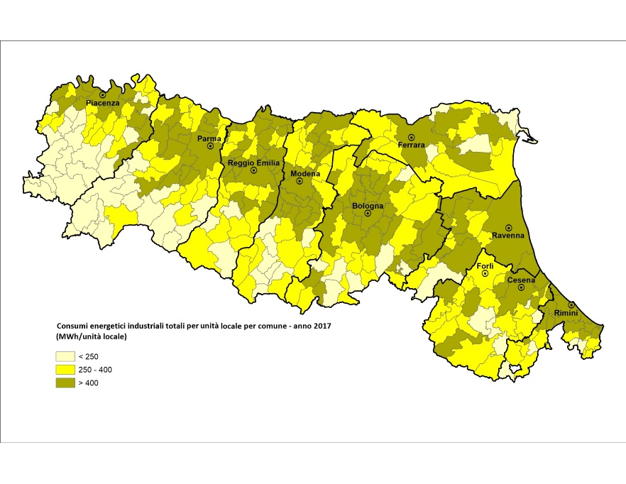 Mappa della distribuzione territoriale del consumo finale di energia del settore industriale per unità locale, per comune (2017)