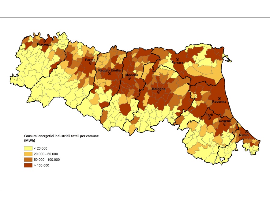 Mappa della distribuzione territoriale del consumo finale di energia del settore industriale, per comune (2016)
