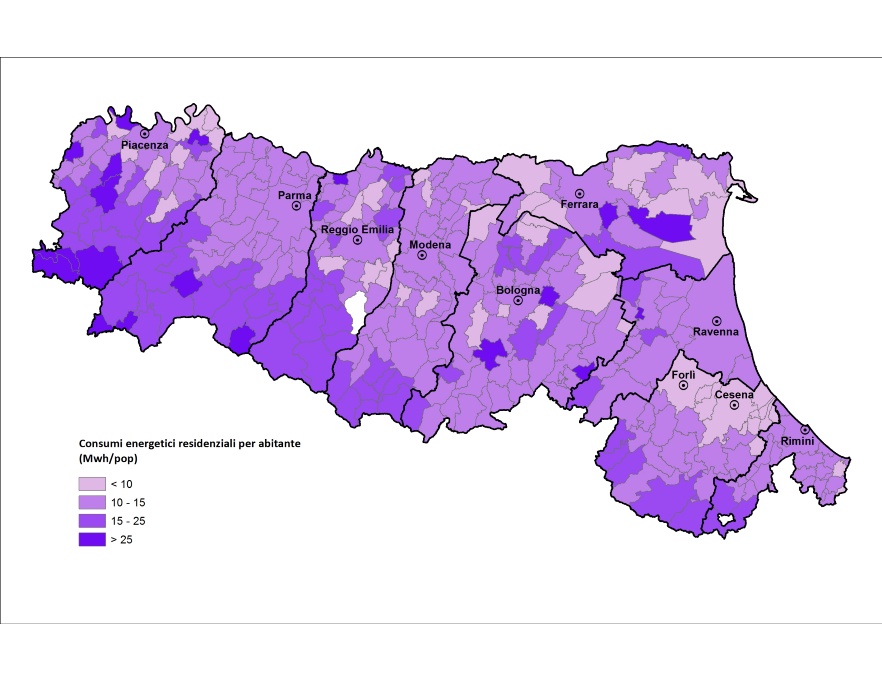 Mappa della distribuzione territoriale del consumo finale pro-capite di energia del settore residenziale, per comune (2016)