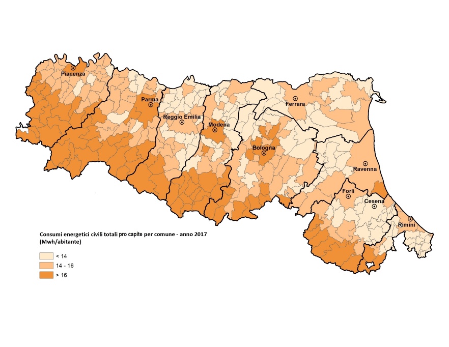 Mappa della distribuzione territoriale del consumo finale pro-capite di energia del settore residenziale, per comune (2017)