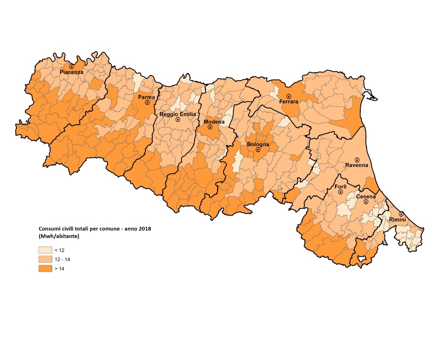 Mappa della distribuzione territoriale del consumo finale di energia del settore residenziale, per comune (2018) 