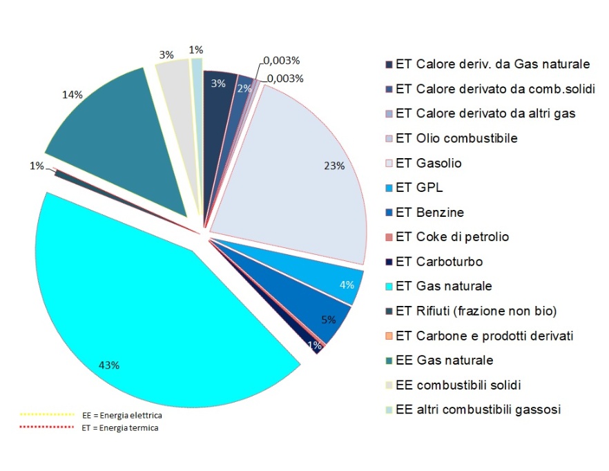 Distribuzione percentuale del consumo annuale finale lordo di energia da fonti fossili, per tipologia di fonte (2020)