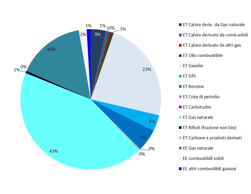 Distribuzione percentuale del consumo annuale finale lordo di energia da fonti fossili, per tipologia di fonte (2021)