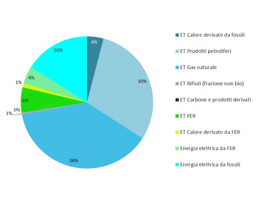Distribuzione percentuale del consumo annuale finale lordo di energia, fonti fossili vs fonti rinnovabili (2021)