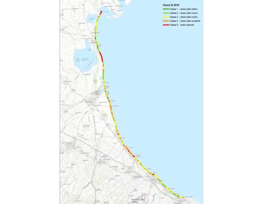 Classificazione della linea di costa regionale in base alle classi di qualità del dosso costiero (D)  