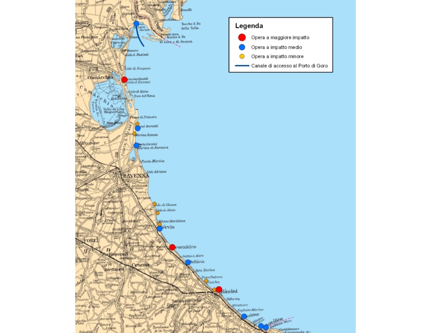 Figura: Distribuzione delle opere trasversali che interferiscono con la dinamica costiera lungo il litorale emiliano- romagnolo (2012